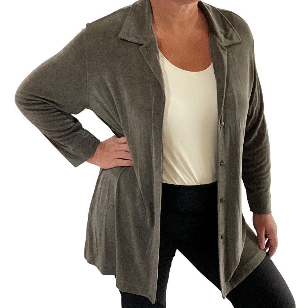 Chico's Design Gray Taupe Knit Tunic Top Long Sleeve Button Front Size 3 Lg 16